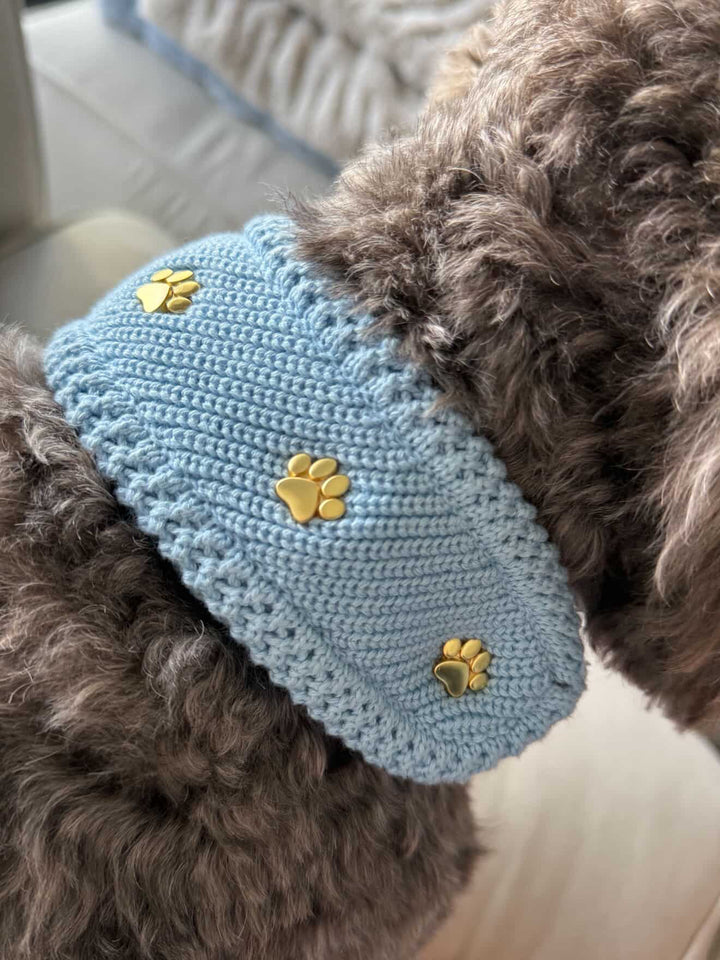 Dog wearing a blue knitted dog bandana with a crochet detailing with 3 gold paw print buttons making the bandana adjustable with fluff growth