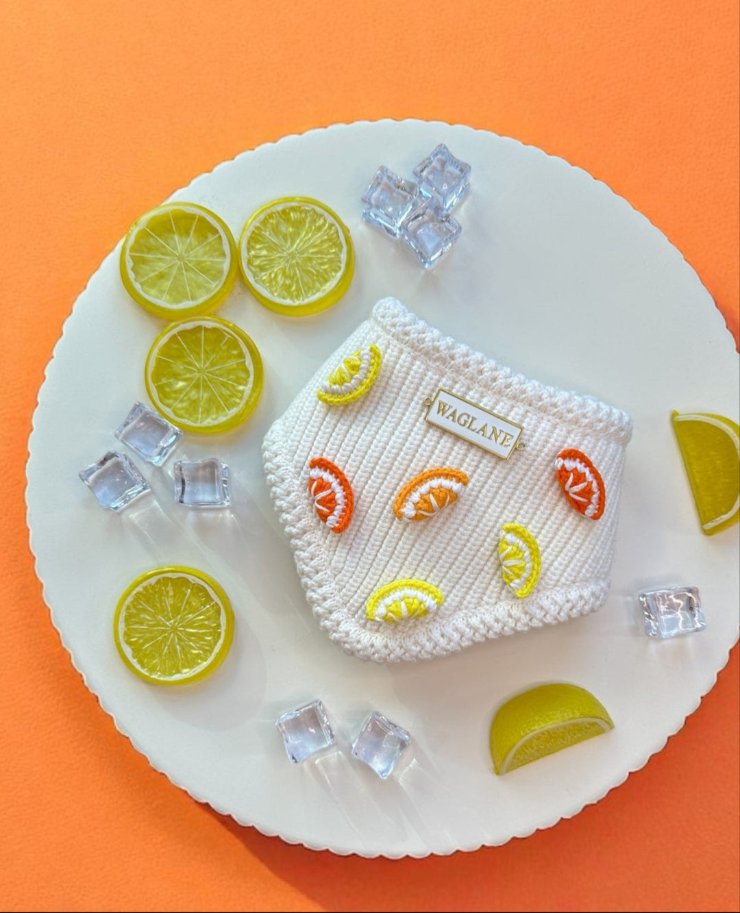 White dog bandana with lemon designs on a white plate with lemons and ice cubes against an orange background